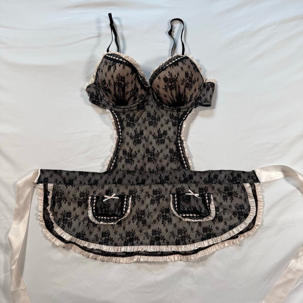 Victorias Secret Sexy Little Things Pink & Black Lace French Maid Dress 36C